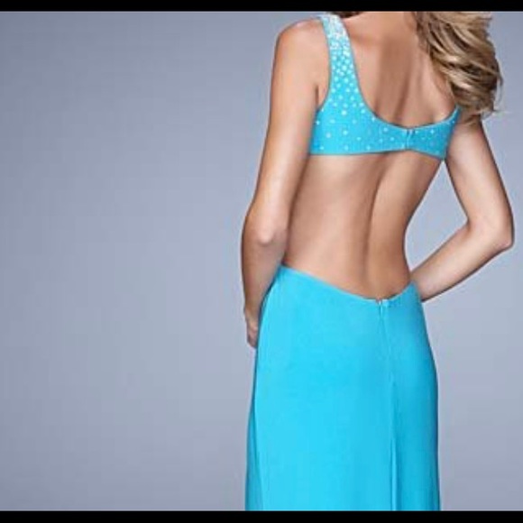 Aquamarine Rhinestone-Shoulder
Side-Slit V-Neck Gown - Women - Picture 3 of 3